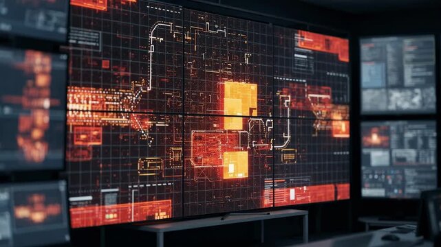 Close view of a master control room video wall in alarm state featuring flashing alert signals and highlighted error messages sharply focused the periphery out of focus.