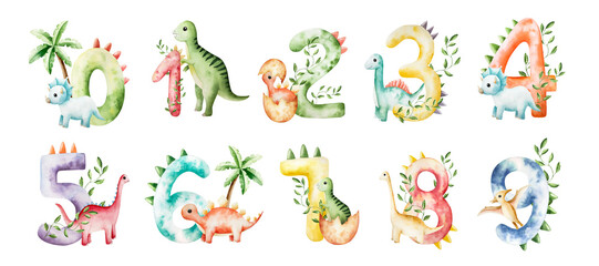 Cute dinosaur number set. One, two, three, four, five, six, seven, eight, nine, zero with triceratops and palm. . Watercolor hand drawn prehistoric Spinosaurus, Brachiosaurus animal. Isolated © Natalia