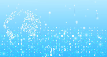 Digital world map formed by dots, binary 0s and 1s floating, and a glowing data network with light beams on a blue background, symbolizing global connectivity. © JustPrint