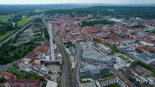Aerial panoramic view beside the old town of the city Erlangen in Germany, Bavaria on a cloudy spring morning