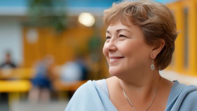 Elderly caucasian woman smiling outdoors in blue shawl