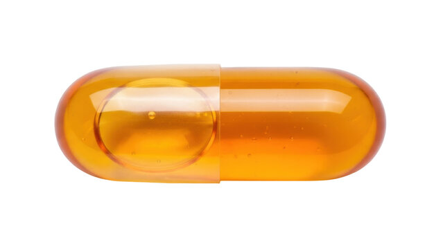 Isolated glossy transparent orange softgel capsule filled with liquid medicine or supplement