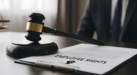 A Gavel And A Book About Employee Rights On A Desk In A Courtroom Or Office Setting