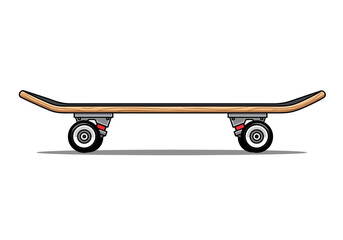 A side view illustration of a wooden skateboard with black grip tape and black wheels © Lina