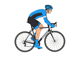 Naklejka premium Cyclist in blue and black uniform riding a black road bicycle