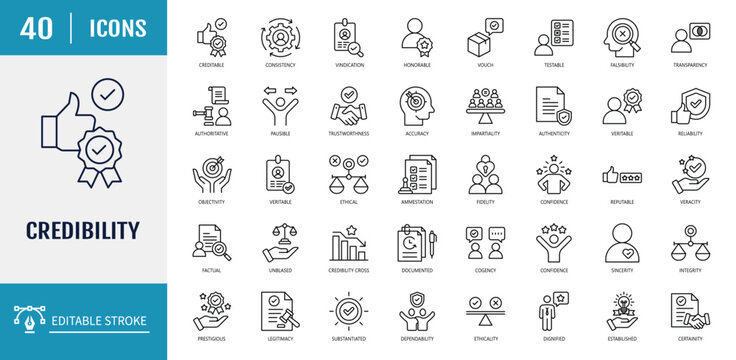 Credibility icon set. Includes trustworthiness, reliability, authenticity, integrity, honesty, dependability, accountability. Outline icon set. Vector illustration with editable stroke