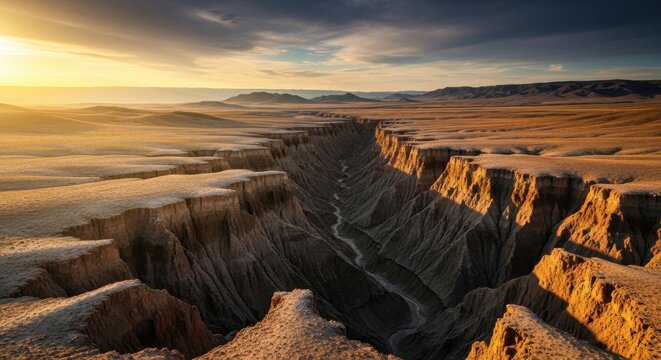 Vast arid canyon landscape carved by erosion under a dramatic sunset sky