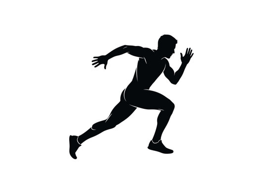 Black silhouette of a muscular man sprinting in a dynamic pose against a white background