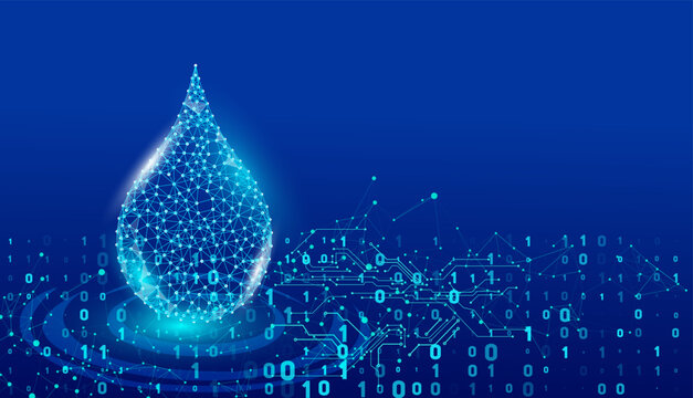 Blue glowing lowpoly water drop with network connections, surrounded by binary 0, 1 digits and circuit patterns. Represents digital water, data technology, and smart environmental solutions.