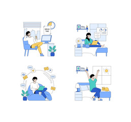 Fototapeta premium Remote Work and Break Time Vector Illustration Set