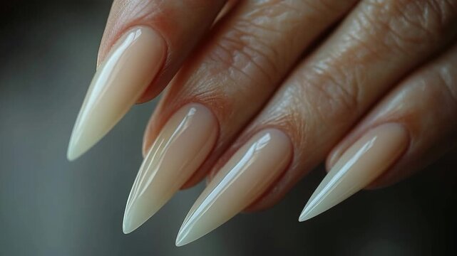 Macro view of a woman's hand with long, perfectly manicured ombre stiletto nails