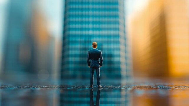 Miniature businessman figure standing in front of an out-of-focus urban cityscape with reflections