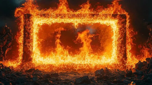 Rectangular frame engulfed in intense, bright flames against a dark, rocky background