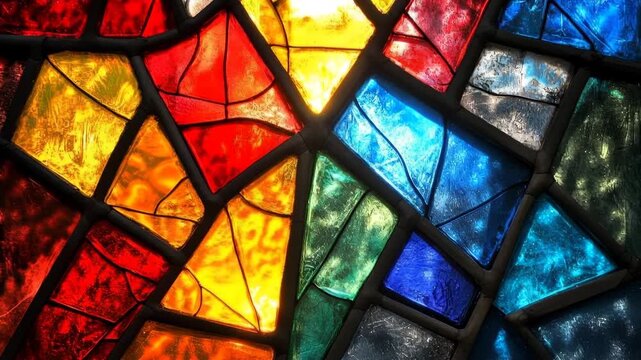 Sunlight shining through a vibrant, colorful stained glass window creating a beautiful light play