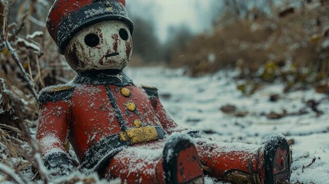 Old vintage wooden toy soldier doll abandoned outdoors as snow is falling during winter