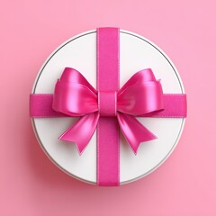 Obraz premium Celebration And Gift Giving Round White Present Box With Pink Ribbon And Bow On Pink Background Birthday Anniversary Valentine'S
