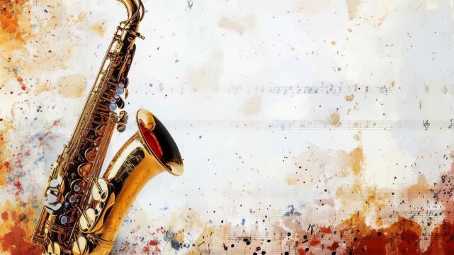Artistic golden saxophone with animated musical notes on a watercolor background representing jazz music