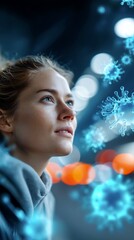 Naklejka premium Masked woman in crowded subway with floating viruses
