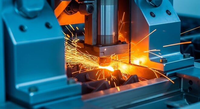 Industrial metal cutting machine in operation with sparks flying.