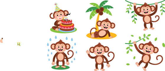 Cute monkey cartoon character set, funny jungle animal in different poses with birthday cake, rain, tree swing, tropical vector © Rahena ARAFAT