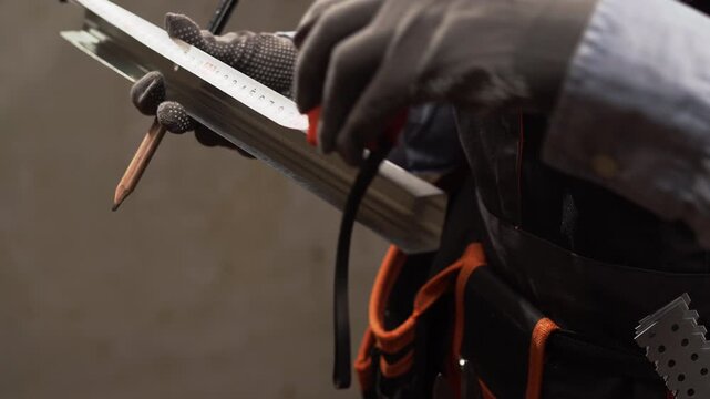 Female hands measuring length pressing a metal tape measure on textured metal profile