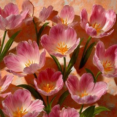 Fototapeta premium Springtime elegance: a pastel display of nature's beauty. Glam lookbook. Vibrant bloom: tulips and daffodils on a gentle background. Stylish concept. Elegant presentation.