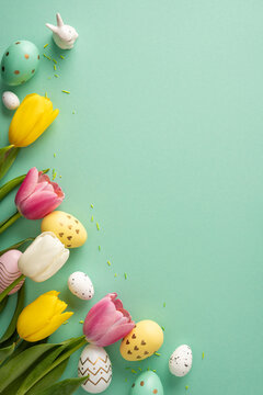 Bright vertical pastel tulips and decorated eggs arranged with ceramic bunny and confetti to celebrate Happy Easter, creating a fresh spring mood with ample copy space