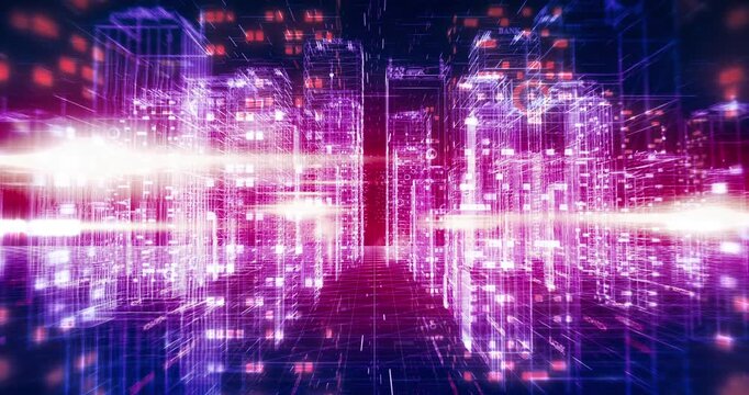 Glowing blue city wireframe with orbiting digital earth animation. Technology Related 3D Animation.