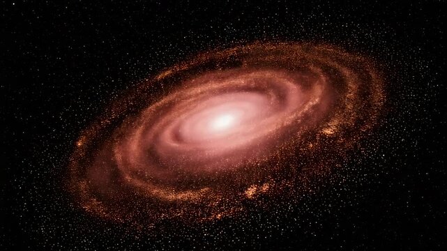 An illustration depicting a spiral galaxy in space, bathed in reddish and orange hues
