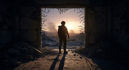Fototapeta premium A lone figure stands in the opening of a dilapidated building, gazing out at the setting sun. The surrounding area shows signs of destruction.