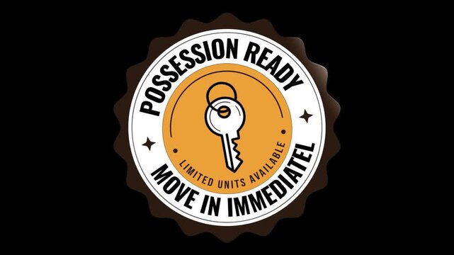Move in immediately animated sticker, possession ready housing tag with key icon, real estate motion graphics overlay.