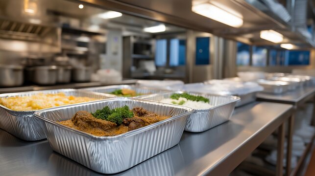 Industrial kitchen staff prepare hundreds of iftar meal boxes, aluminum containers lined up on stainless steel counters, steam rises from lentil soup vats under fluorescent lights, perfect for
