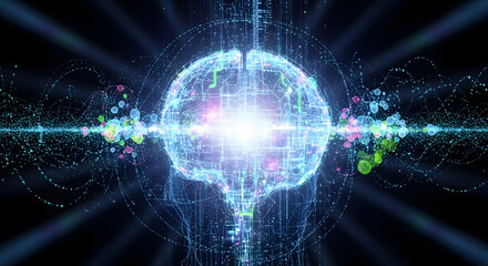 Obraz premium A futuristic digital illustration of a human brain with glowing blue lines and colorful particles on a black background