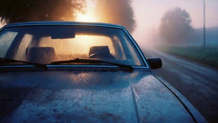 Fototapeta premium Rainy road scene with car sunroof strewn with leaves and water reflecting crescent moon at nighttime