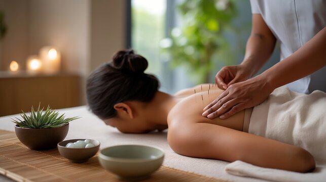 Acupuncture practitioner placing fine needles along patient's spine in minimalist treatment room with soft natural light, jade rollers and ceramic bowls on bamboo tray nearby, ideal for alternative