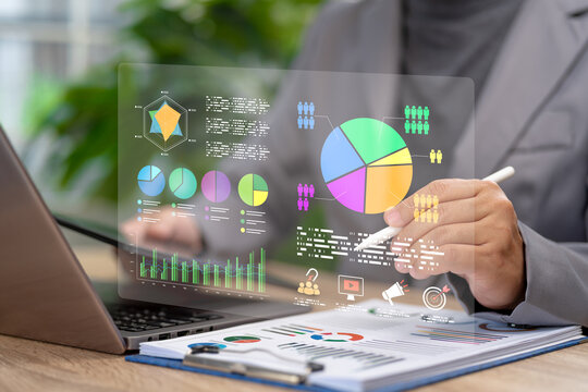 Market Analysis and Target Audience Research Concept, Businessman Analyzing Online Marketing Data, Comparing Insights for Strategic Planning, Long-Term Business Growth, Market Development