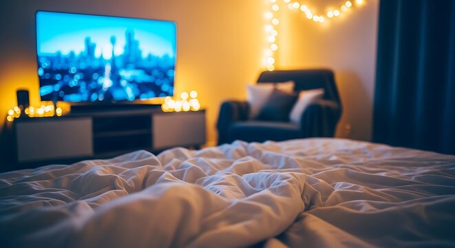 Cozy bedroom ambiance with a movie night vibe and warm lighting
