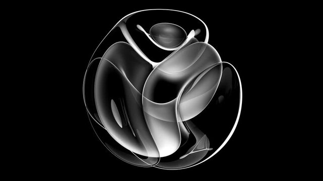 3d render of abstract art with surreal 3d organic alien ball or liquid substance in curve wavy smooth and soft biological white lines forms in matte transparent plastic material on black background