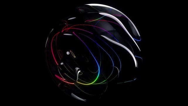 3d video animation, surreal, mystic alien ball sphere sculpture in curved, wavy organic lines forms in a deformation process in translucent liquid glass material with blue green purple yellow laser ro
