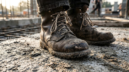 Close-Up of Worn Work Boots on Muddy Ground at Construction Site.
