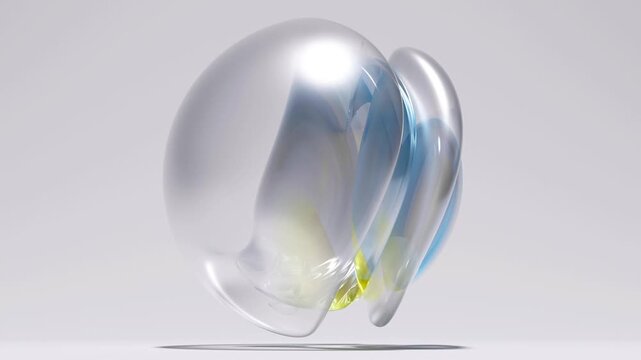 3d render abstract art video animation of surreal alien ball sphere in curve wavy spiral lines forms in transformation deformation process in white translucent plastic with liquid metallic soft parts 