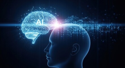 Obraz premium A digital brain with the letters 'AI' on it, emerging from a digital head with a glowing light.