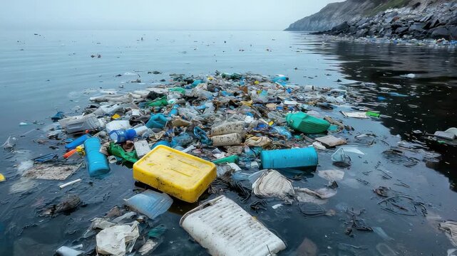 Clean-up effort at the beach removes plastic waste from the water near the shore during midday on a cloudy day