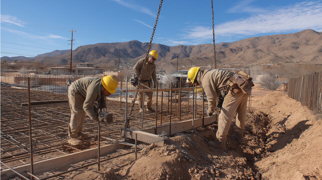 AI generator images of Steel structure construction is a highly skilled and cautious job. Steelworkers are using lifting chains to support and precisely position steel beams. Cranes are typically used