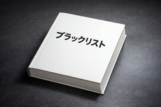 グレーの背景に置かれたブラックリストという日本語が書かれた真っ白な厚い本の写真