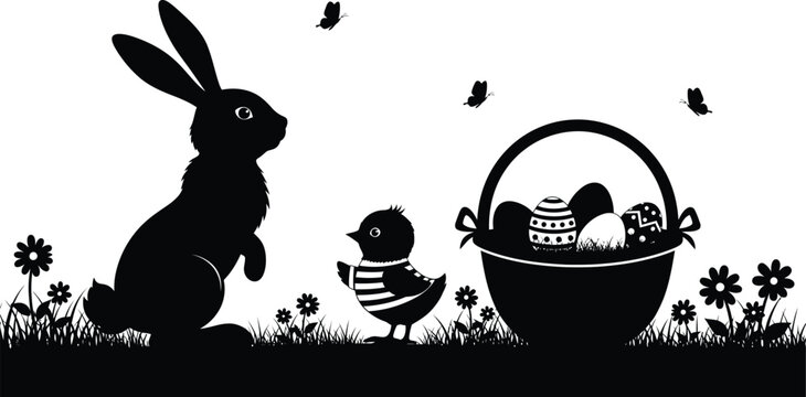 Easter bunny and chicks in a basket scene