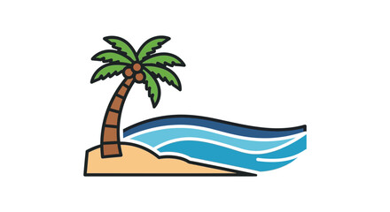 Obraz premium Cartoon palm tree on sandy beach with wavy ocean water in bright sunny day for travel brochure