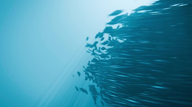 Fast Schooling Fish Underwater Blue Ocean, 3D Animation of Sardine Run Bait Ball