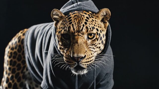 A leopard wearing a gray hoodie stares intensely on a dark background, exuding a mysterious, urban jungle vibe for editorial or advertising use