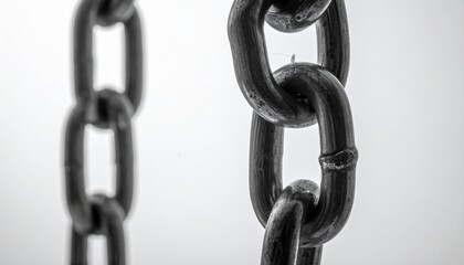 Obraz premium Simple metal chain broken at center link, freedom and problem solving concept, ultra detailed macro photography, dramatic studio lighting, isolated on pure white background, 8k resolution